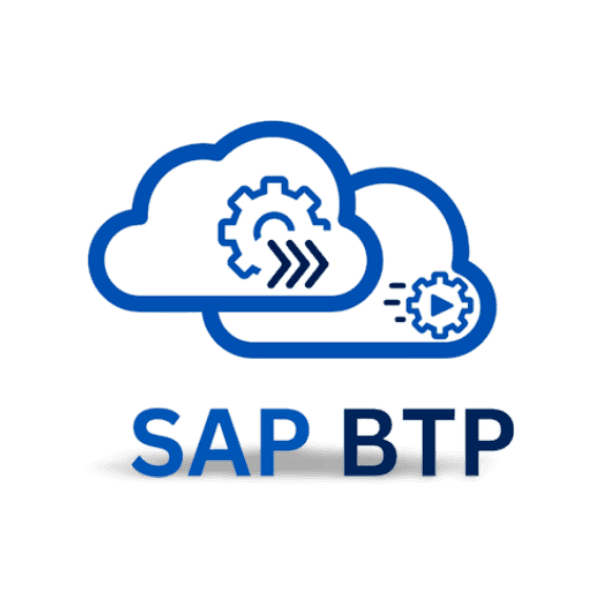 SAP BTP logo with blue cloud and gear icons representing technology and computing.